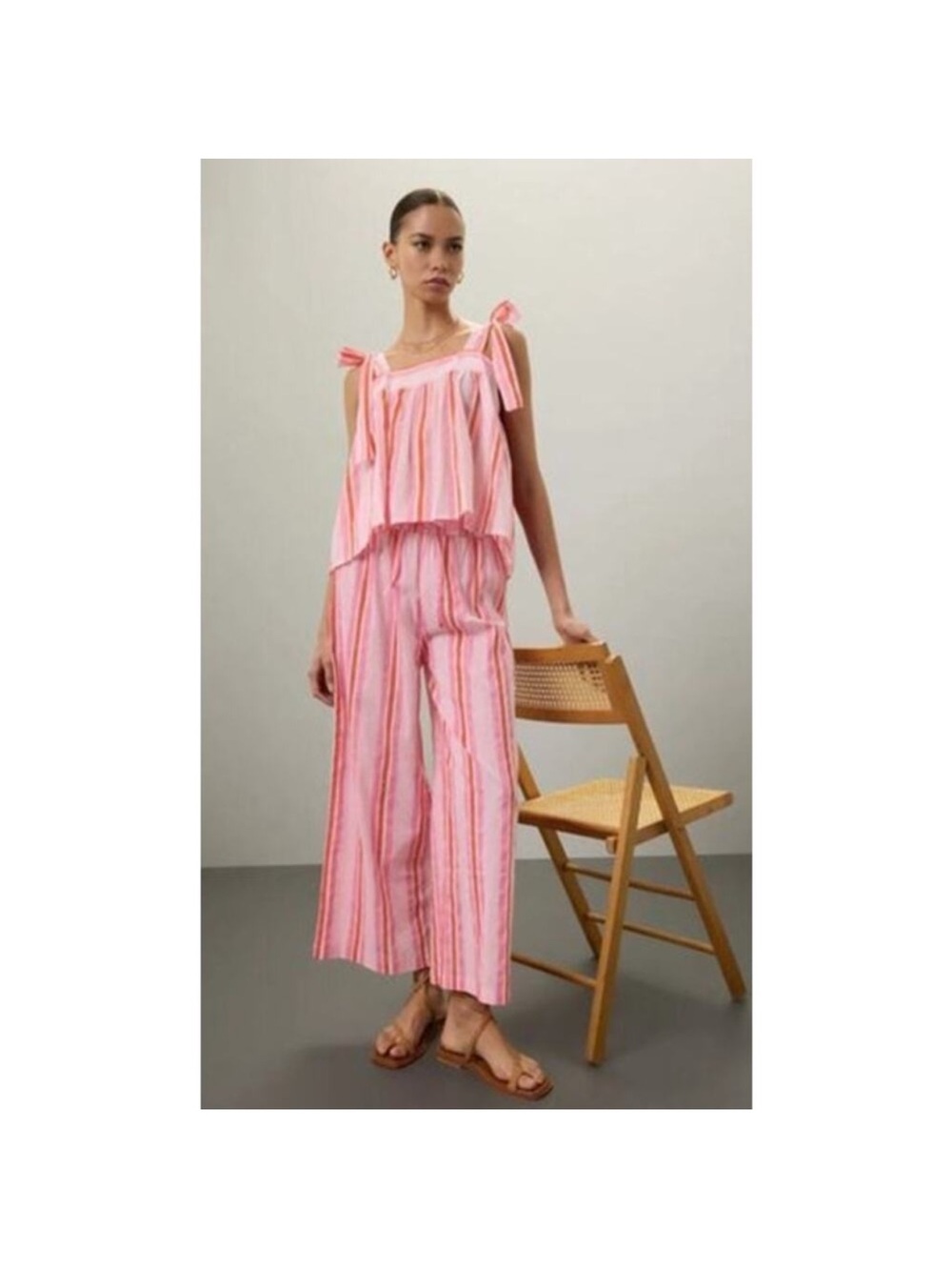 SZ Blockprints Pant Summer Drawstring Waist Wide Leg Pink Red White Stripe L